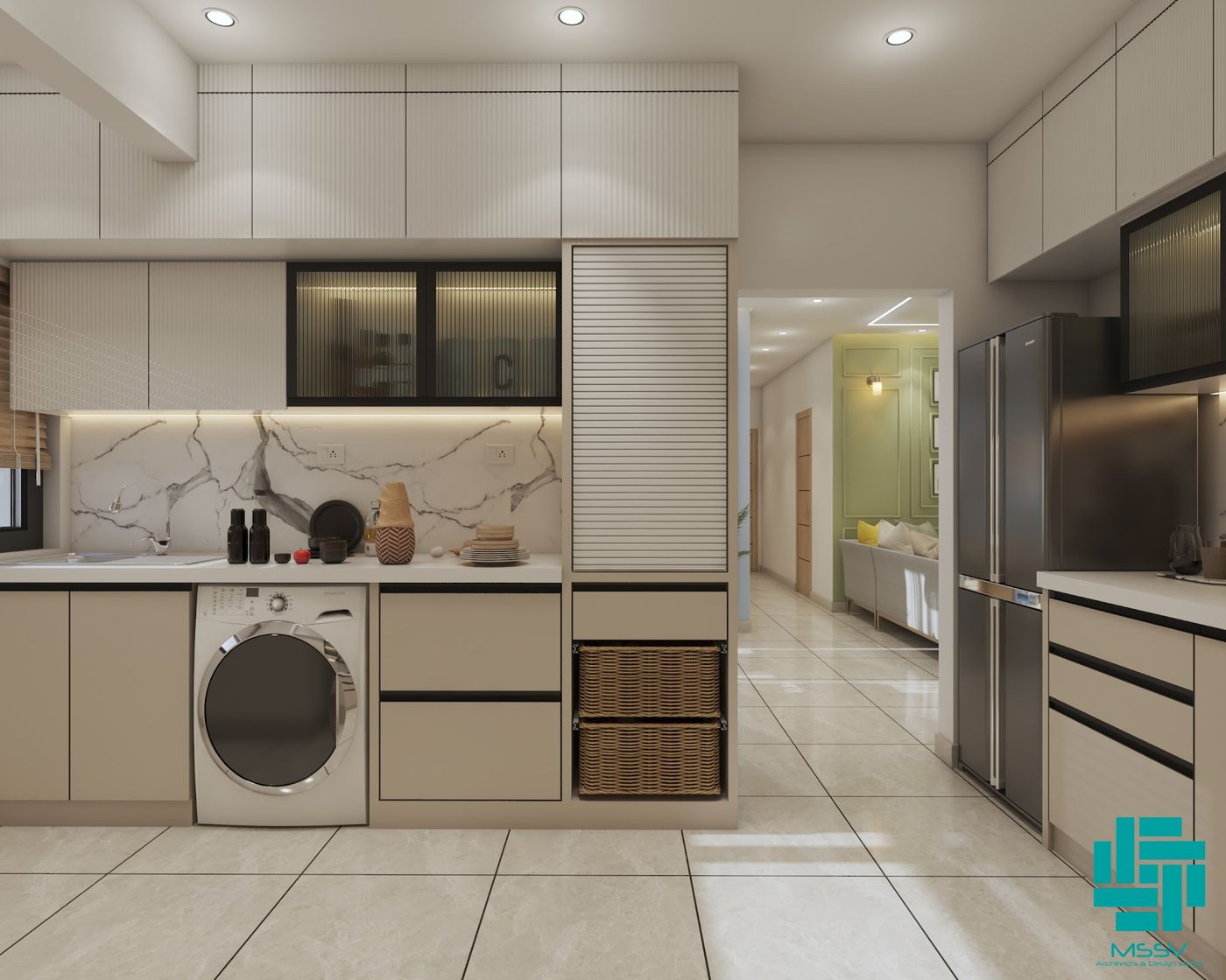 Modular kitchen with marble backsplash and utility