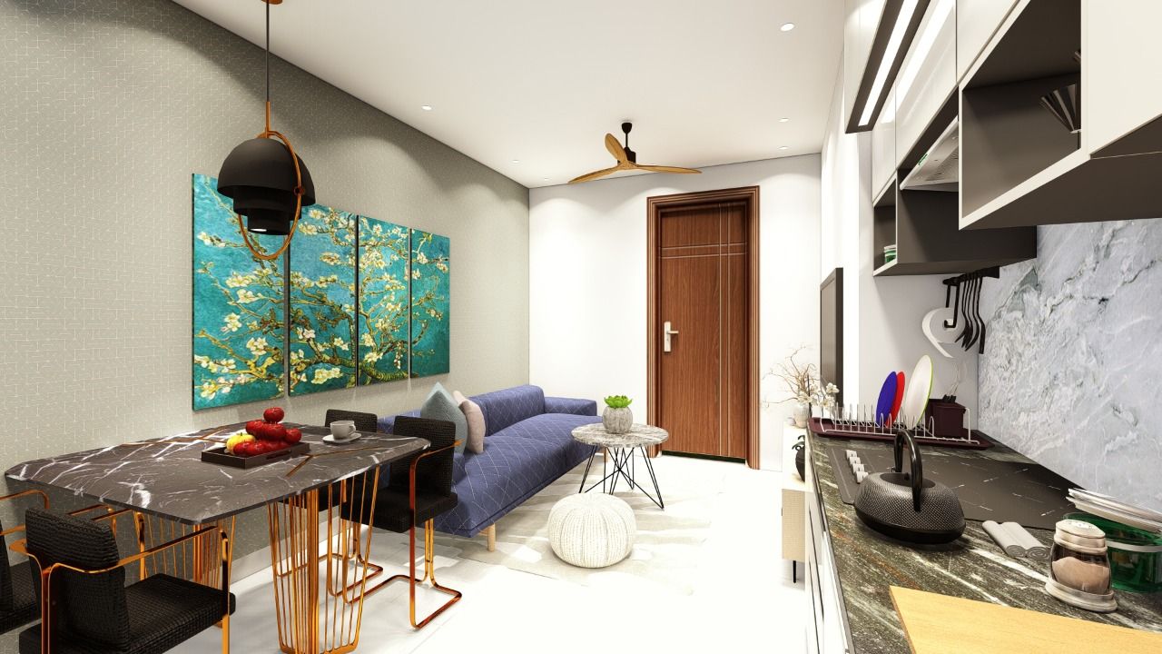 3D design of a compact living and dining room